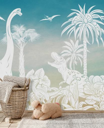Blaues Dinosaurier-Tapetenbild für Kinder namens Monochrome Dino - Blue Sky von Kikki Belle für Schlafzimmer