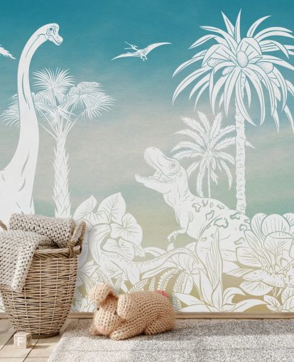 blå børns dinosaur tapetmaleri kaldet Monochrome Dino - Blue Sky af Kikki Belle til soveværelser blå børns dinosaur tapetmaleri kaldet Monochrome Dino - Blue Sky af Kikki Belle til soveværelser