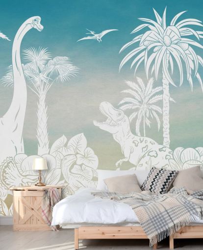 papier peint mural de dinosaure bleu pour enfants appelé Monochrome Dino - Blue Sky de Kikki Belle pour chambres