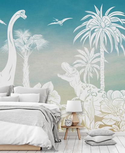 mural de papel pintado de dinosaurios azules para niños llamado Monochrome Dino - Blue Sky de Kikki Belle para dormitorios mural de papel pintado de dinosaurios azules para niños llamado Monochrome Dino - Blue Sky de Kikki Belle para dormitorios