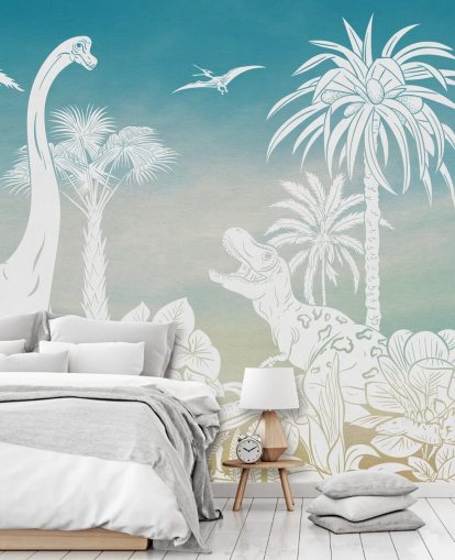 mural de papel de parede de dinossauro infantil azul chamado Monochrome Dino - Blue Sky de Kikki Belle para quartos mural de papel de parede de dinossauro infantil azul chamado Monochrome Dino - Blue Sky de Kikki Belle para quartos