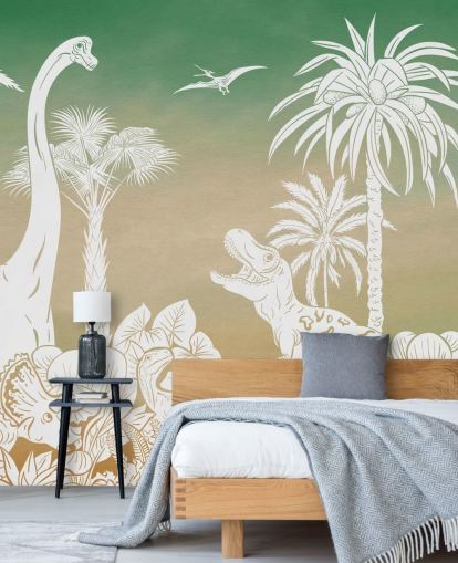 grüne Kinder-Dino-Tapete namens Monochrome Dino - Green Sky von Kikki Belle für Schlafzimmer und Spielzimmer