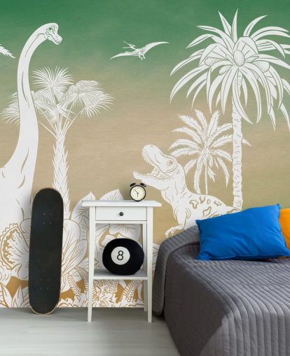 Carta da parati murale verde per bambini chiamata Monochrome Dino - Green Sky di Kikki Belle per camere da letto e sale giochi