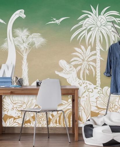 Carta da parati murale verde per bambini chiamata Monochrome Dino - Green Sky di Kikki Belle per camere da letto e sale giochi