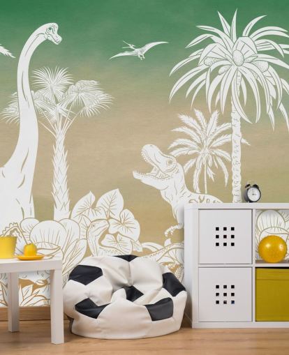 green kids dino wallpaper mural called Monochrome Dino - Green Sky by Kikki Belle for bedrooms and playrooms