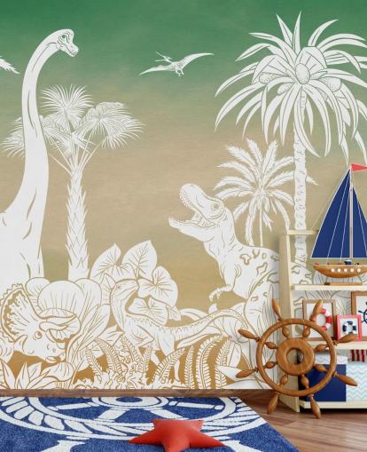 papier peint mural en forme de dinosaure vert pour enfants appelé Monochrome Dino - Green Sky de Kikki Belle pour les chambres et les salles de jeux