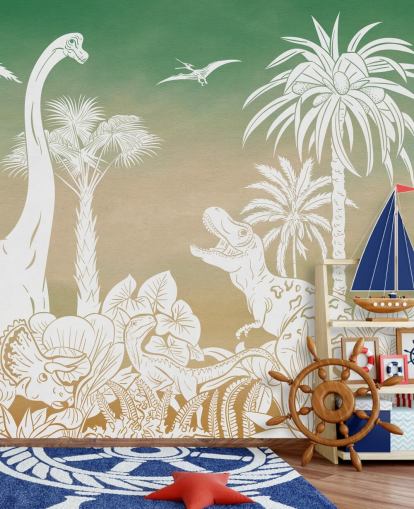 grønne barnedino tapetmaleri kalt Monochrome Dino - Green Sky av Kikki Belle for soverom og lekerom