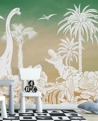 mural de papel de parede de dinossauro infantil verde chamado Monochrome Dino - Green Sky de Kikki Belle para quartos e salas de jogos
