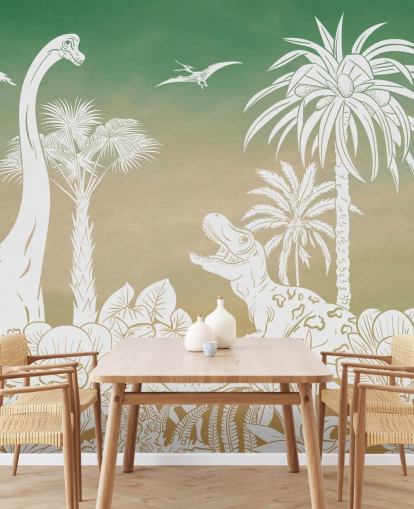 grüne Kinder-Dino-Tapete namens Monochrome Dino - Green Sky von Kikki Belle für Schlafzimmer und Spielzimmer