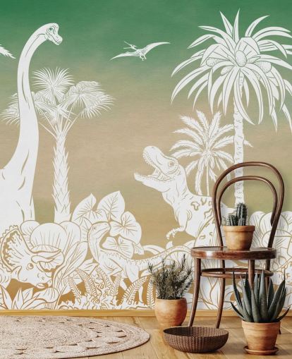 grønne barnedino tapetmaleri kalt Monochrome Dino - Green Sky av Kikki Belle for soverom og lekerom