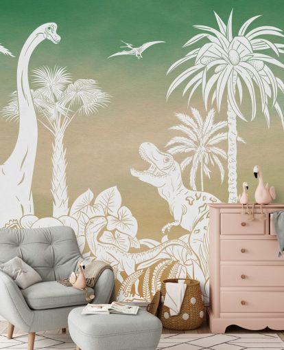 groene dino-behangmuurschildering voor kinderen genaamd Monochrome Dino - Green Sky van Kikki Belle voor slaapkamers en speelkamers