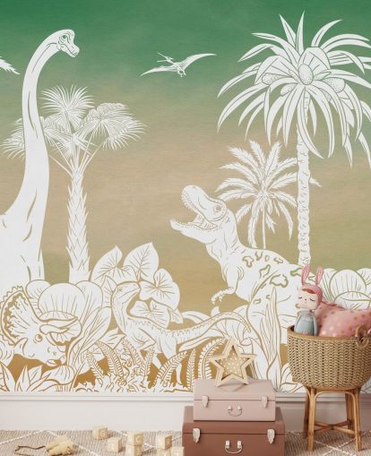 mural de papel pintado de dinosaurios verdes para niños llamado Monochrome Dino - Green Sky de Kikki Belle para dormitorios y salas de juegos