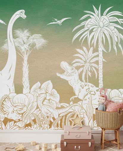 grüne Kinder-Dino-Tapete namens Monochrome Dino - Green Sky von Kikki Belle für Schlafzimmer und Spielzimmer