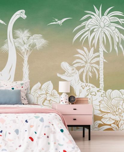 Carta da parati murale verde per bambini chiamata Monochrome Dino - Green Sky di Kikki Belle per camere da letto e sale giochi Carta da parati murale verde per bambini chiamata Monochrome Dino - Green Sky di Kikki Belle per camere da letto e sale giochi