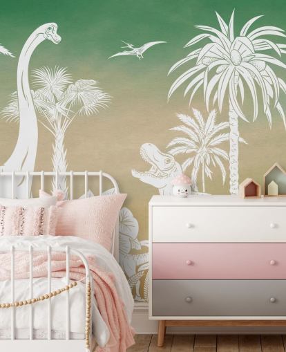 green kids dino wallpaper mural called Monochrome Dino - Green Sky by Kikki Belle for bedrooms and playrooms