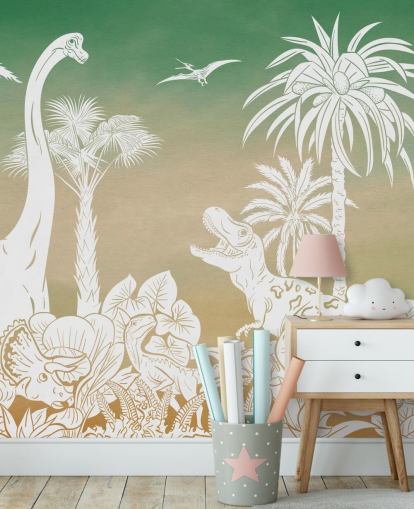 green kids dino wallpaper mural called Monochrome Dino - Green Sky by Kikki Belle for bedrooms and playrooms