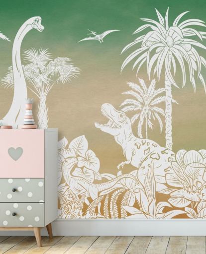 green kids dino wallpaper mural called Monochrome Dino - Green Sky by Kikki Belle for bedrooms and playrooms green kids dino wallpaper mural called Monochrome Dino - Green Sky by Kikki Belle for bedrooms and playrooms