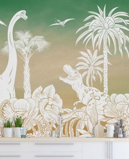 groene dino-behangmuurschildering voor kinderen genaamd Monochrome Dino - Green Sky van Kikki Belle voor slaapkamers en speelkamers