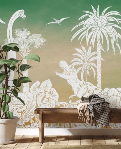 green kids dino wallpaper mural called Monochrome Dino - Green Sky by Kikki Belle for bedrooms and playrooms green kids dino wallpaper mural called Monochrome Dino - Green Sky by Kikki Belle for bedrooms and playrooms