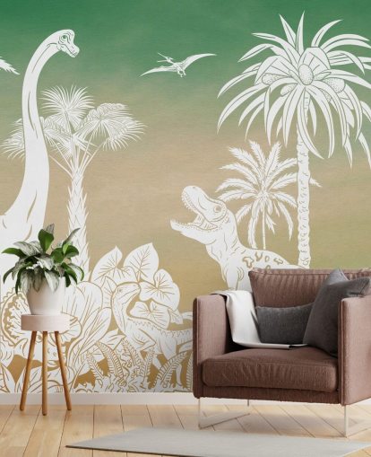 mural de papel de parede de dinossauro infantil verde chamado Monochrome Dino - Green Sky de Kikki Belle para quartos e salas de jogos mural de papel de parede de dinossauro infantil verde chamado Monochrome Dino - Green Sky de Kikki Belle para quartos e salas de jogos