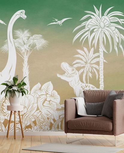 grüne Kinder-Dino-Tapete namens Monochrome Dino - Green Sky von Kikki Belle für Schlafzimmer und Spielzimmer grüne Kinder-Dino-Tapete namens Monochrome Dino - Green Sky von Kikki Belle für Schlafzimmer und Spielzimmer