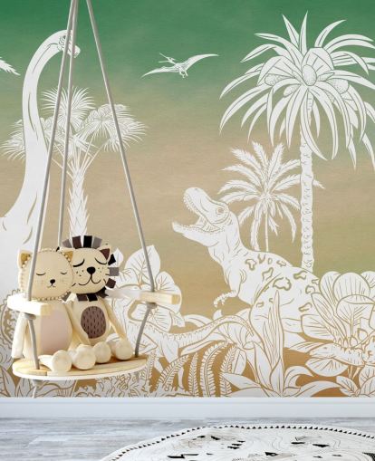 mural de papel pintado de dinosaurios verdes para niños llamado Monochrome Dino - Green Sky de Kikki Belle para dormitorios y salas de juegos