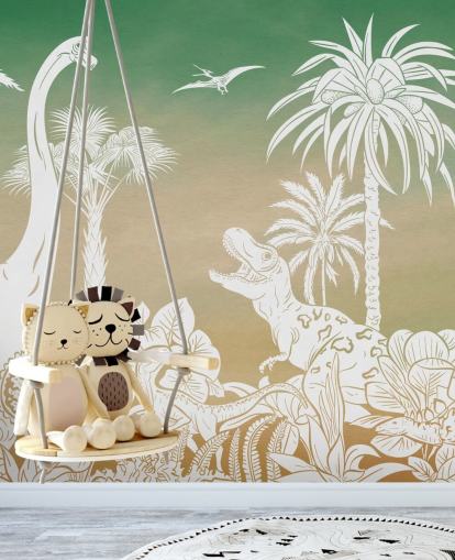 mural de papel de parede de dinossauro infantil verde chamado Monochrome Dino - Green Sky de Kikki Belle para quartos e salas de jogos