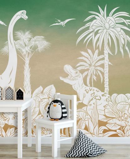 green kids dino wallpaper mural called Monochrome Dino - Green Sky by Kikki Belle for bedrooms and playrooms