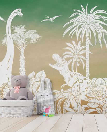 green kids dino wallpaper mural called Monochrome Dino - Green Sky by Kikki Belle for bedrooms and playrooms green kids dino wallpaper mural called Monochrome Dino - Green Sky by Kikki Belle for bedrooms and playrooms