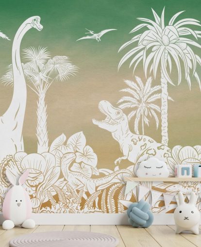 Carta da parati murale verde per bambini chiamata Monochrome Dino - Green Sky di Kikki Belle per camere da letto e sale giochi