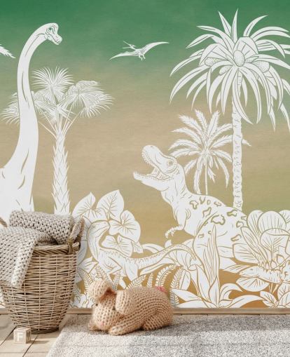 mural de papel de parede de dinossauro infantil verde chamado Monochrome Dino - Green Sky de Kikki Belle para quartos e salas de jogos mural de papel de parede de dinossauro infantil verde chamado Monochrome Dino - Green Sky de Kikki Belle para quartos e salas de jogos