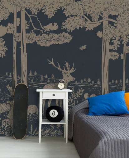 mørkeblå barneskog veggmaleri kalt Monochrome Forest - Vintage Blue av Kikki Belle for soverom og barnehager mørkeblå barneskog veggmaleri kalt Monochrome Forest - Vintage Blue av Kikki Belle for soverom og barnehager