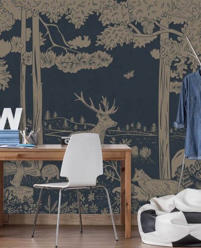 dunkelblaues Wald-Wandbild für Kinder namens Monochrome Forest - Vintage Blue von Kikki Belle für Schlafzimmer und Kinderzimmer