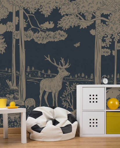 dark blue kids forest wall mural called Monochrome Forest - Vintage Blue by Kikki Belle for bedrooms and nurseries dark blue kids forest wall mural called Monochrome Forest - Vintage Blue by Kikki Belle for bedrooms and nurseries