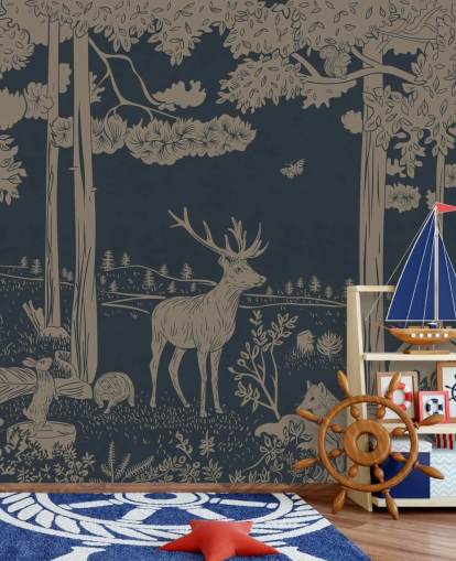 dunkelblaues Wald-Wandbild für Kinder namens Monochrome Forest - Vintage Blue von Kikki Belle für Schlafzimmer und Kinderzimmer dunkelblaues Wald-Wandbild für Kinder namens Monochrome Forest - Vintage Blue von Kikki Belle für Schlafzimmer und Kinderzimmer