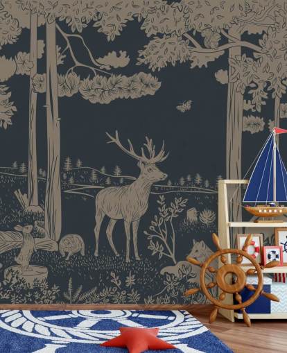 mørkeblå barneskog veggmaleri kalt Monochrome Forest - Vintage Blue av Kikki Belle for soverom og barnehager mørkeblå barneskog veggmaleri kalt Monochrome Forest - Vintage Blue av Kikki Belle for soverom og barnehager