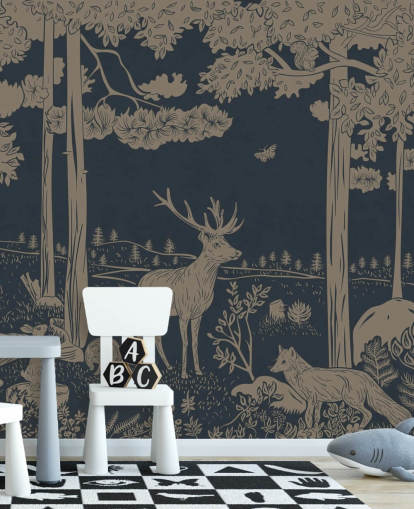 mörkblå barnskog väggmålning som heter Monochrome Forest - Vintage Blue av Kikki Belle för sovrum och plantskolor mörkblå barnskog väggmålning som heter Monochrome Forest - Vintage Blue av Kikki Belle för sovrum och plantskolor