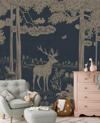 dark blue kids forest wall mural called Monochrome Forest - Vintage Blue by Kikki Belle for bedrooms and nurseries