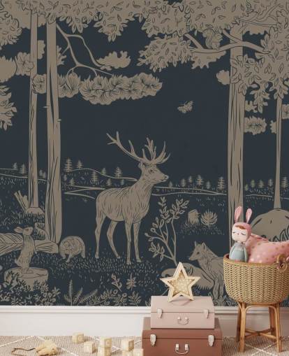 mörkblå barnskog väggmålning som heter Monochrome Forest - Vintage Blue av Kikki Belle för sovrum och plantskolor