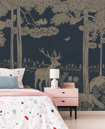 dark blue kids forest wall mural called Monochrome Forest - Vintage Blue by Kikki Belle for bedrooms and nurseries
