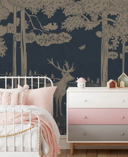 dark blue kids forest wall mural called Monochrome Forest - Vintage Blue by Kikki Belle for bedrooms and nurseries