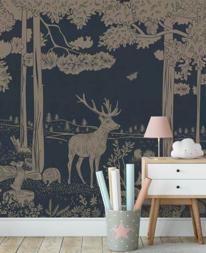 dark blue kids forest wall mural called Monochrome Forest - Vintage Blue by Kikki Belle for bedrooms and nurseries