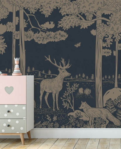 dark blue kids forest wall mural called Monochrome Forest - Vintage Blue by Kikki Belle for bedrooms and nurseries