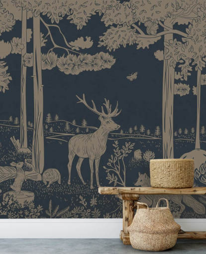 dark blue kids forest wall mural called Monochrome Forest - Vintage Blue by Kikki Belle for bedrooms and nurseries dark blue kids forest wall mural called Monochrome Forest - Vintage Blue by Kikki Belle for bedrooms and nurseries