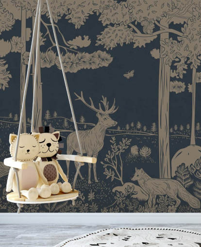 dark blue kids forest wall mural called Monochrome Forest - Vintage Blue by Kikki Belle for bedrooms and nurseries
