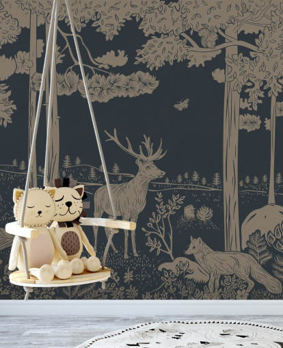 mørkeblå børneskovvægmaleri kaldet Monochrome Forest - Vintage Blue af Kikki Belle til soveværelser og planteskoler