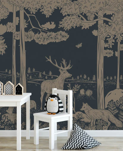 mörkblå barnskog väggmålning som heter Monochrome Forest - Vintage Blue av Kikki Belle för sovrum och plantskolor