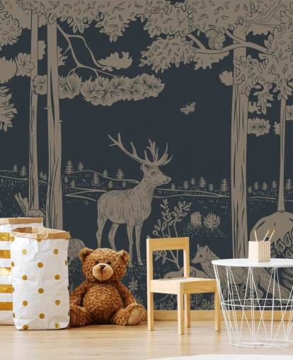 donkerblauwe muurschildering in het bos voor kinderen genaamd Monochrome Forest - Vintage Blue van Kikki Belle voor slaapkamers en kinderdagverblijven