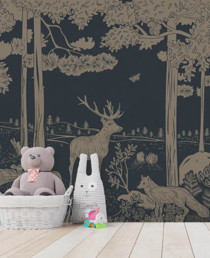 mural de pared de bosque infantil azul oscuro llamado Monochrome Forest - Vintage Blue de Kikki Belle para dormitorios y guarderías mural de pared de bosque infantil azul oscuro llamado Monochrome Forest - Vintage Blue de Kikki Belle para dormitorios y guarderías