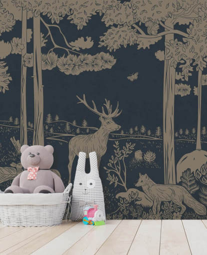 dunkelblaues Wald-Wandbild für Kinder namens Monochrome Forest - Vintage Blue von Kikki Belle für Schlafzimmer und Kinderzimmer
